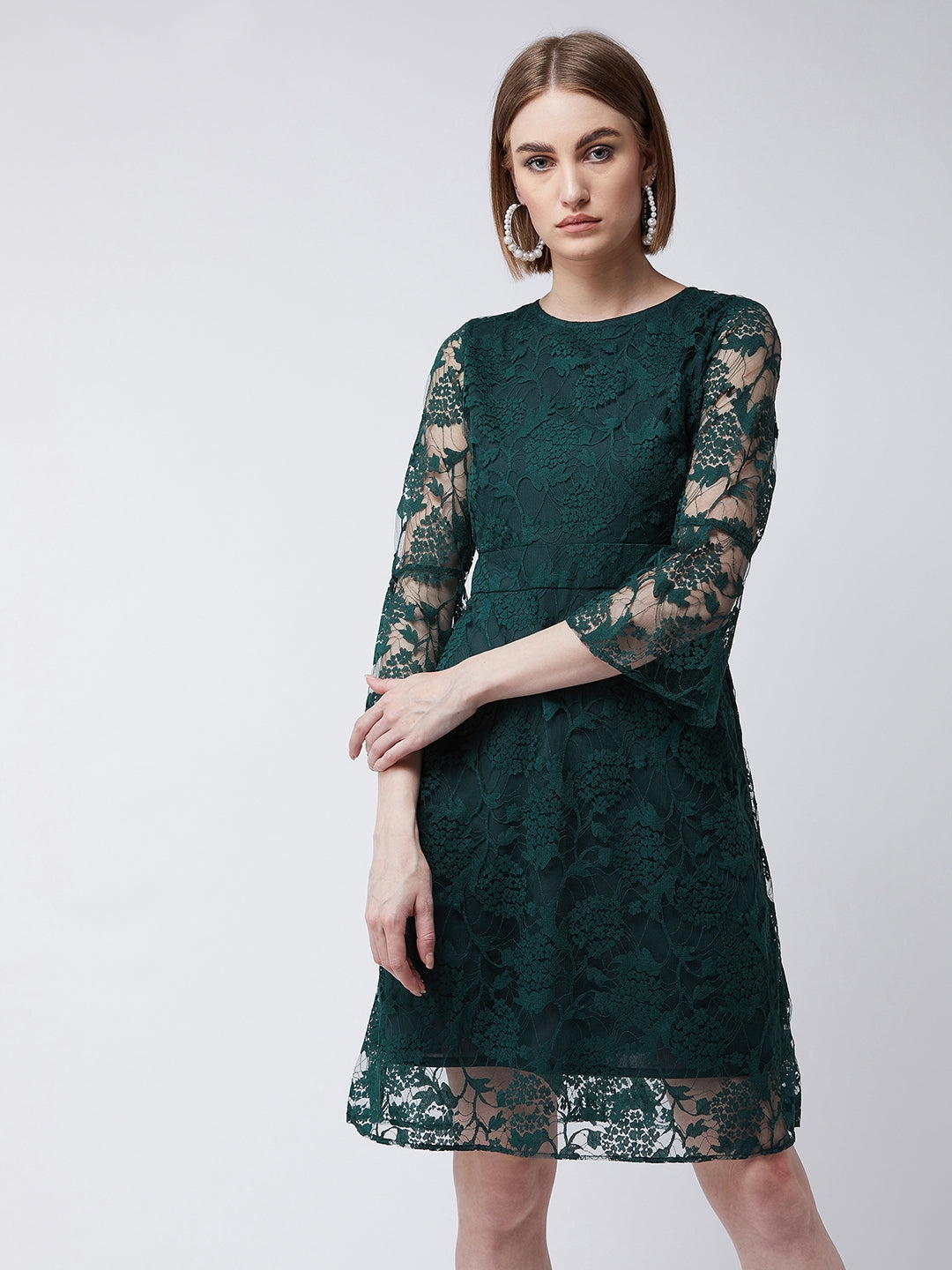 Forest Green Round Neck 3/4 Sleeves Floral A-Line Knee-Length Dress