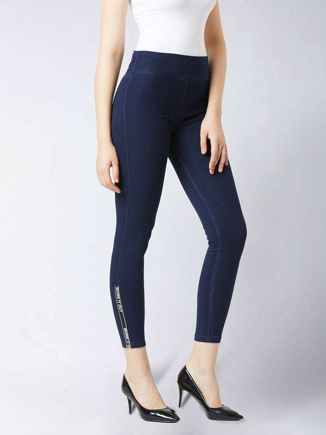 MISS CHASE | Navy Blue Super Skinny Fit Twill Tape High Rise Regular Length Stretchable Denim Jeggings