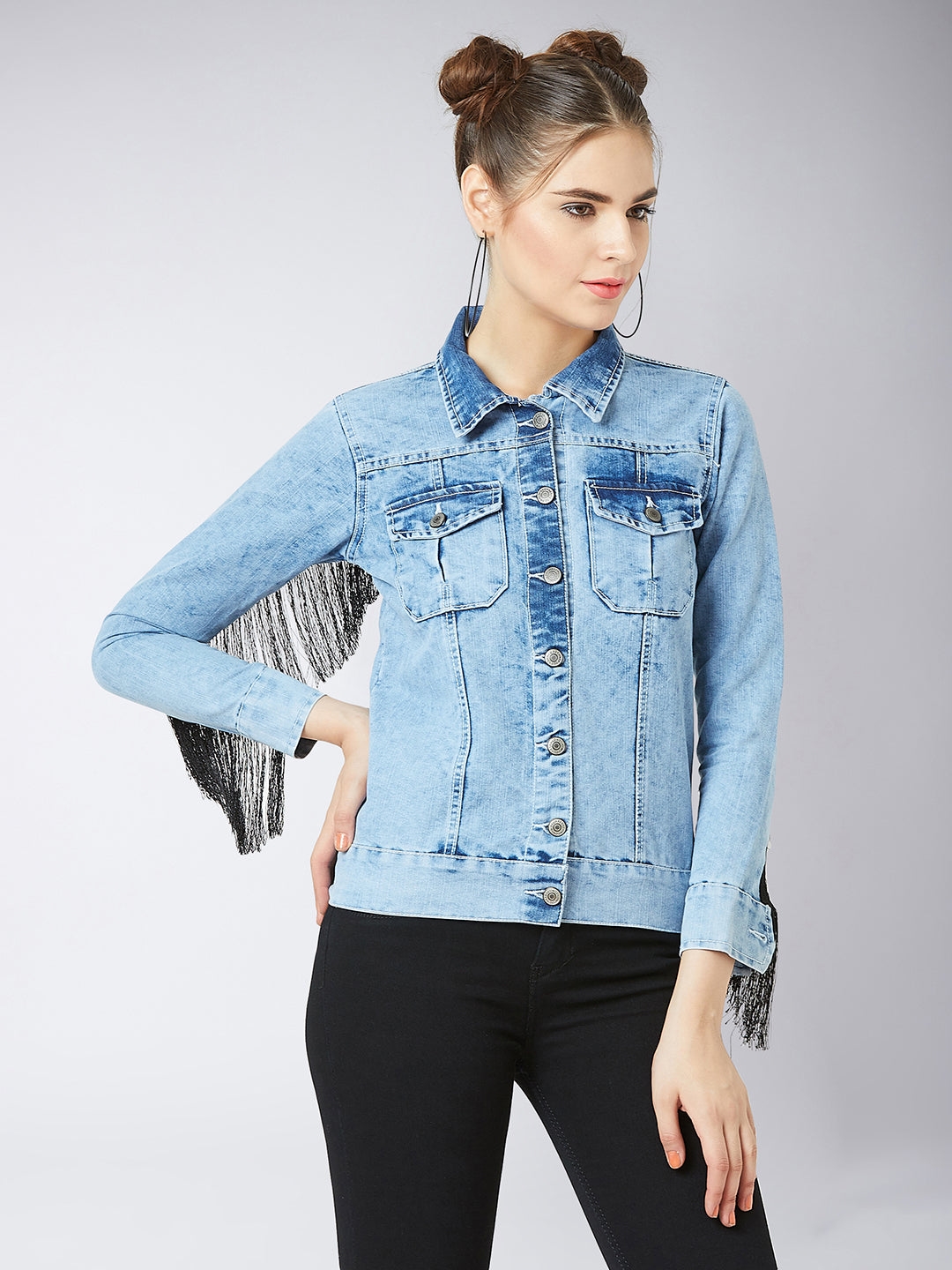 MISS CHASE | Light Blue Collared Full Sleeves Solid Fringed Jacket