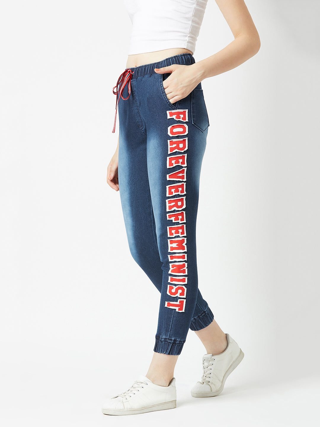 MISS CHASE | Navy Blue Regular Fit Mid Rise Clean Look Regular Length Stretchable Denim Jogger