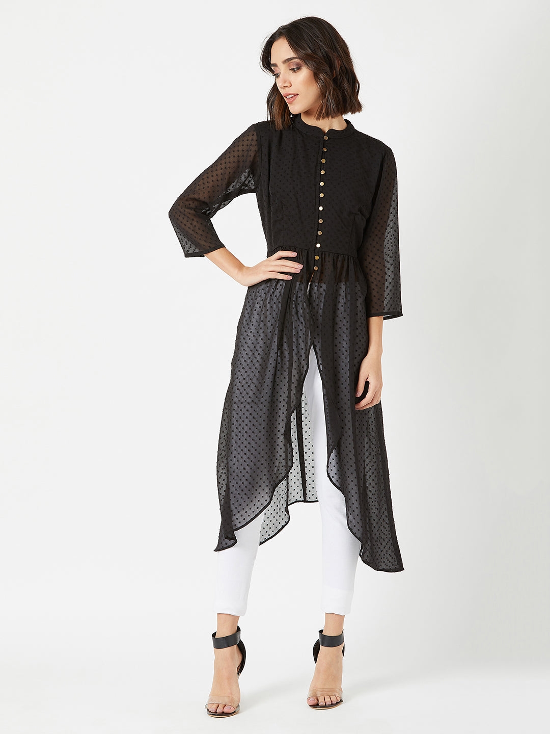 MISS CHASE | Black Mandarin Collar 3/4 Sleeves Solid Front-Open Maxi Top