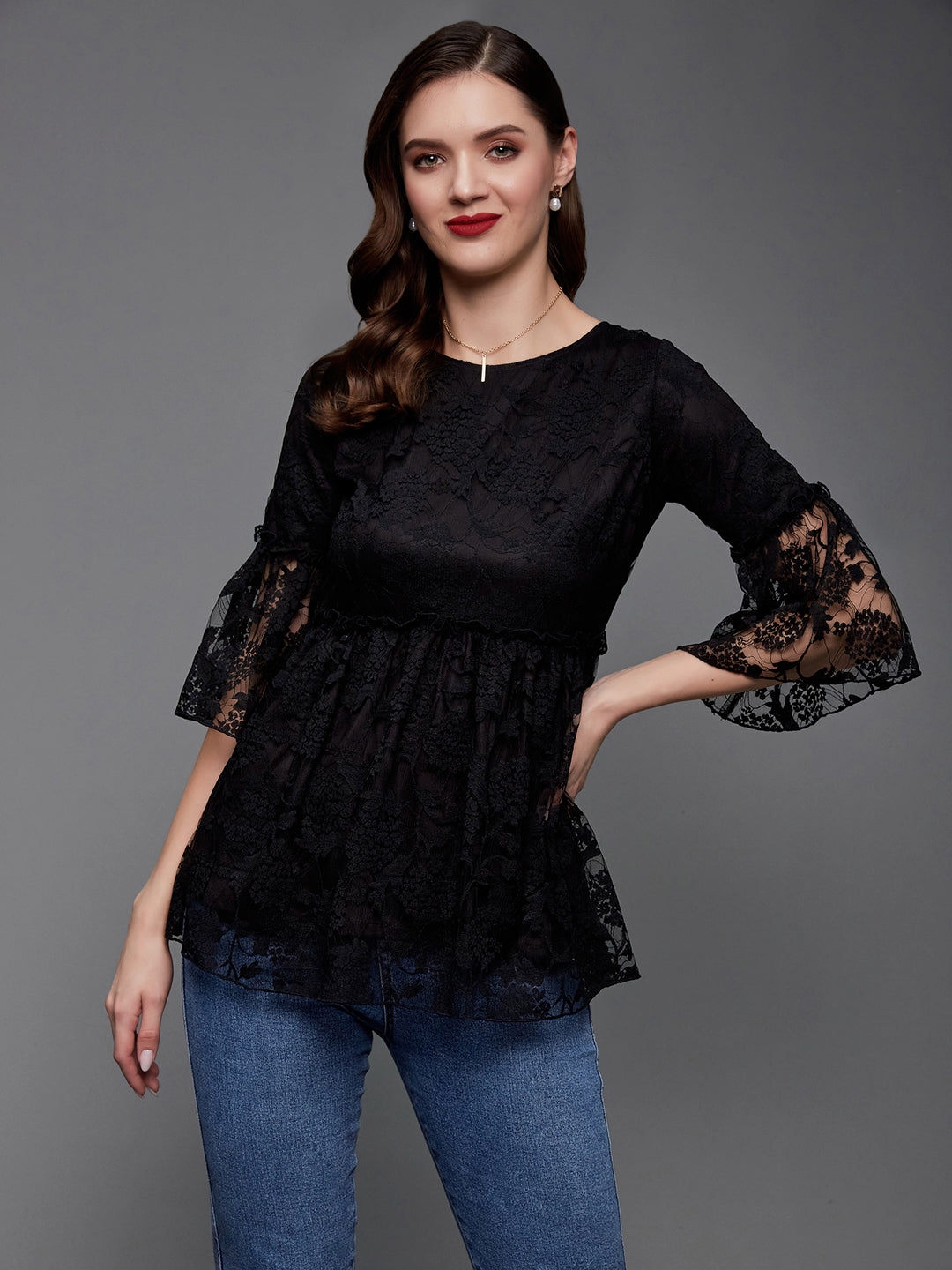 MISS CHASE | Black Relaxed Fit  Regular   Lace Top