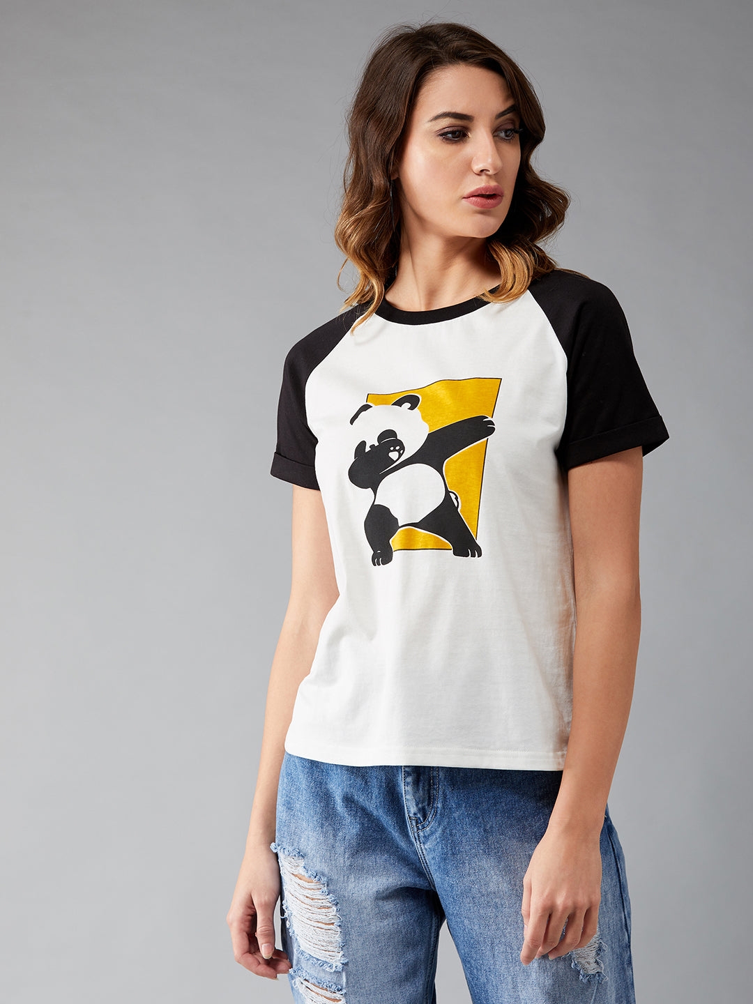 MISS CHASE | White and Black Round Neck Short Sleeve Printed Basic Regular T-Shirt