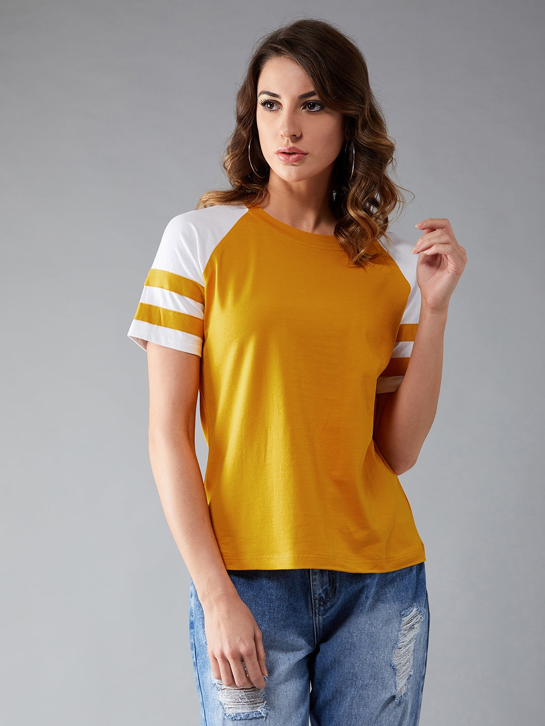 MISS CHASE | Mustard and white Round Neck Short Sleeve Solid Basic Regular T-Shirt