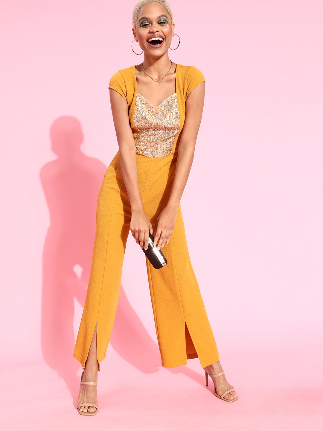 Women's Yellow Polyester  Jumpsuits