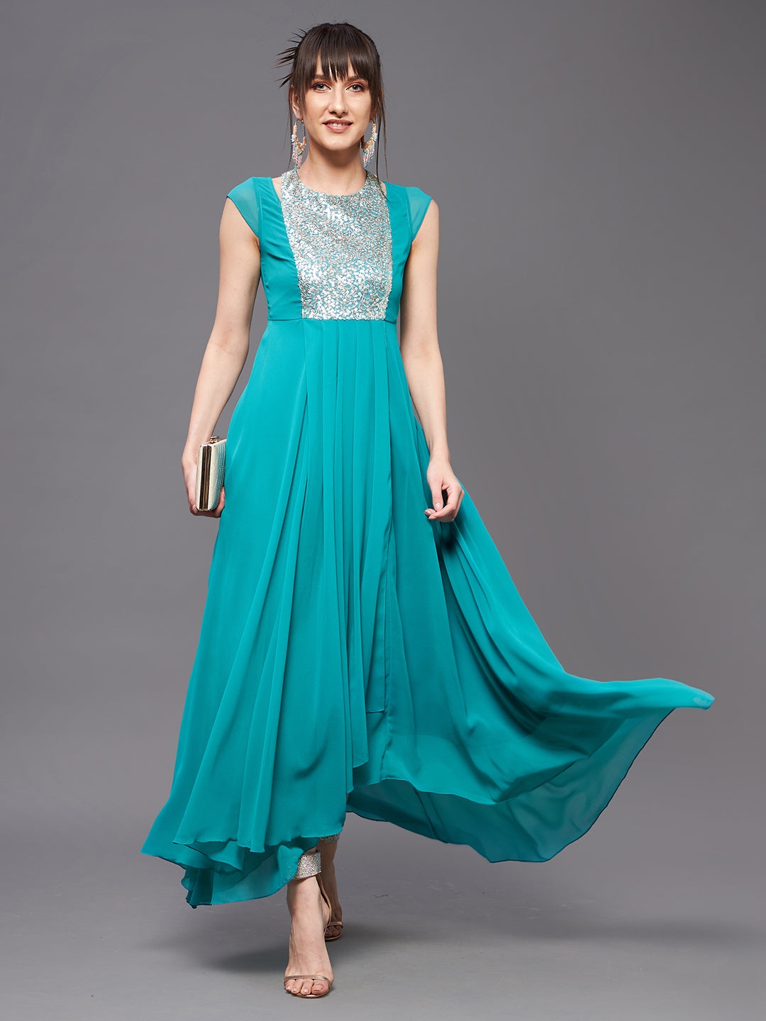 Turquoise Halter Neck Cap Sleeve Embellished Pleated Maxi Dress