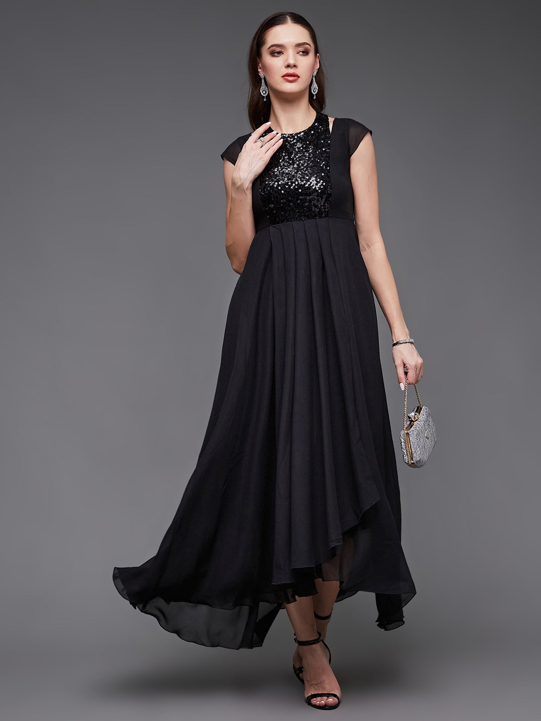 MISS CHASE | Black Halter-Neck Cap-Sleeve Solid Pleated Embellished Georgette Maxi Dress