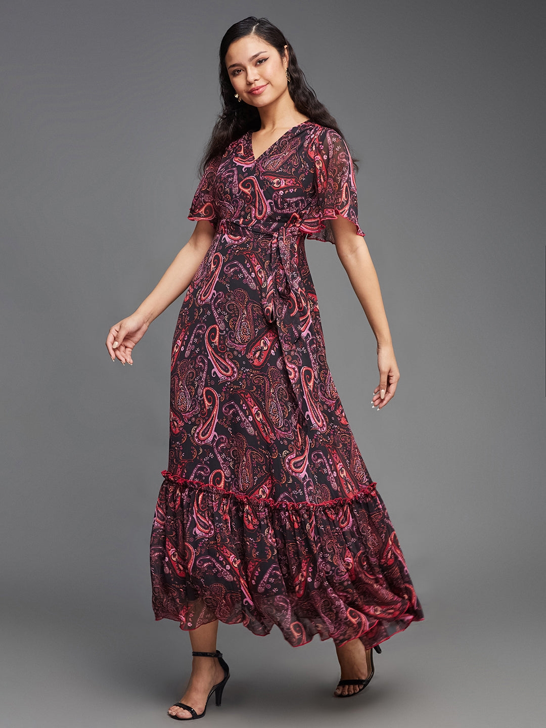 Multicolored-Base-Black Bohemian V-Neck Flutter Sleeve Chiffon Relaxed Fit Wrap Maxi Dress