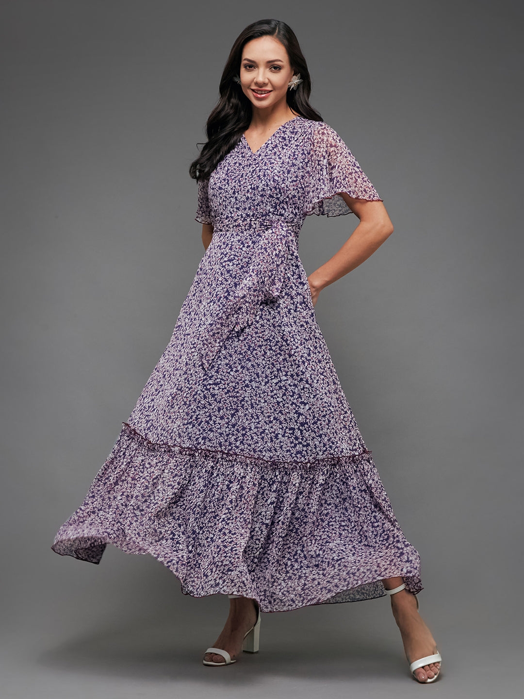 Multicolored-Base-Purple V Neck Flared Sleeve Floral Wrap Chiffon Maxi Dress