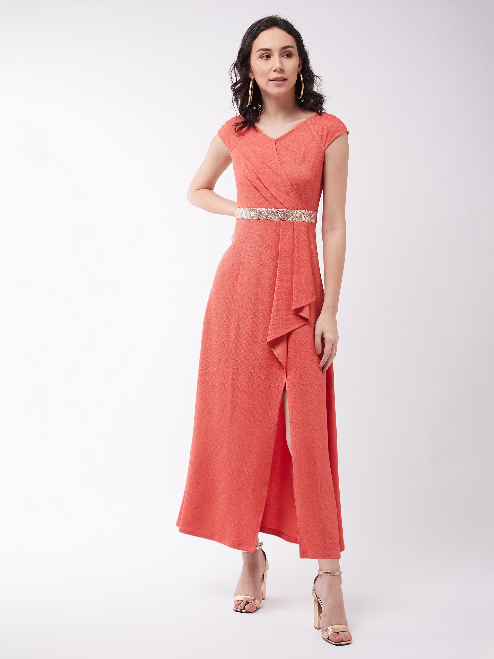 Coral V-Neck Raglan Sleeve Solid Embellished Maxi Dress