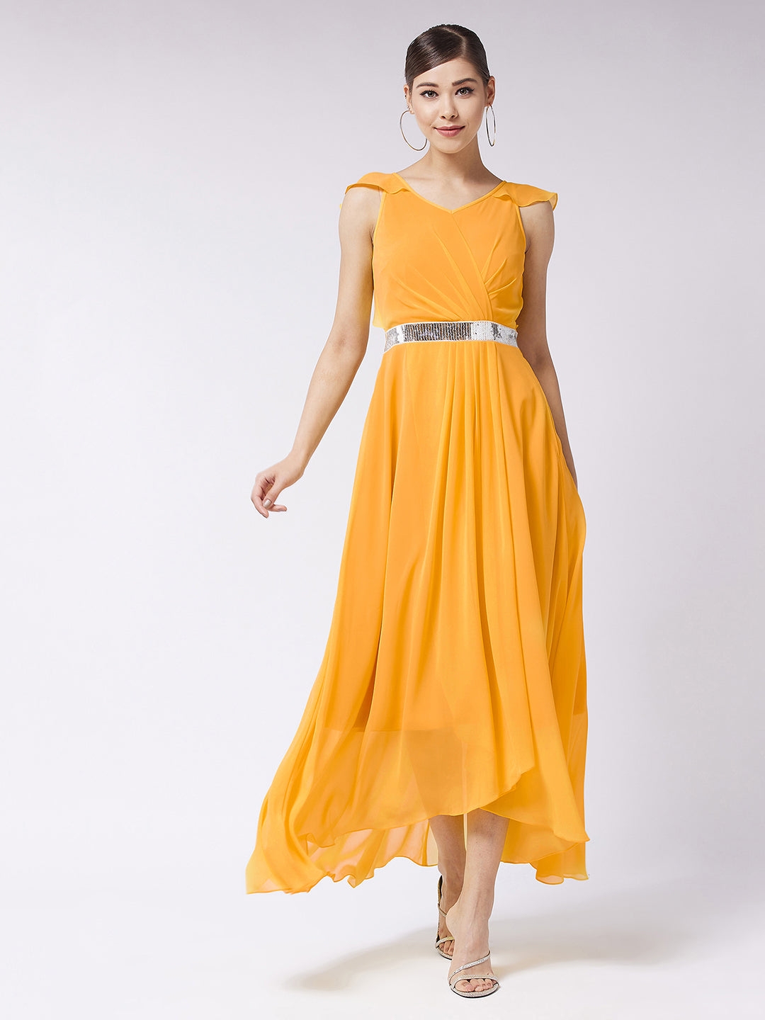 MISS CHASE | Mustard V-Neck Ruffled Sleeve Solid Embellished Maxi Dress