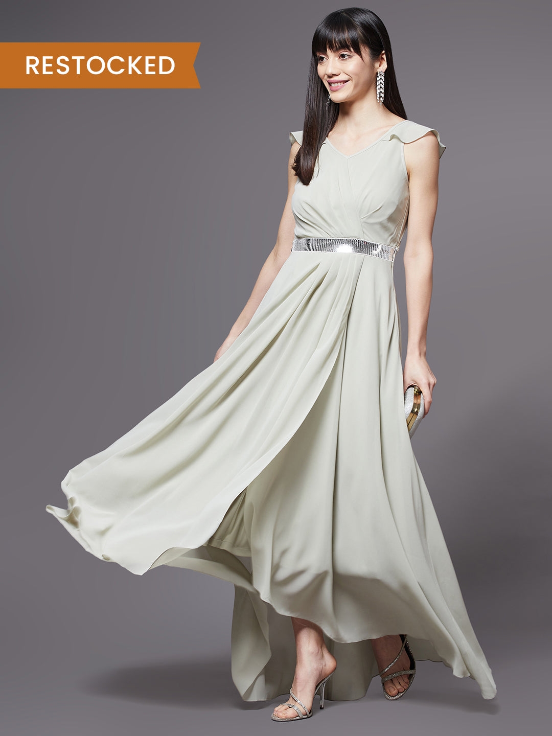 MISS CHASE | Dusty Green V-Neck Ruffled Sleeve Solid Embellished Maxi Dress