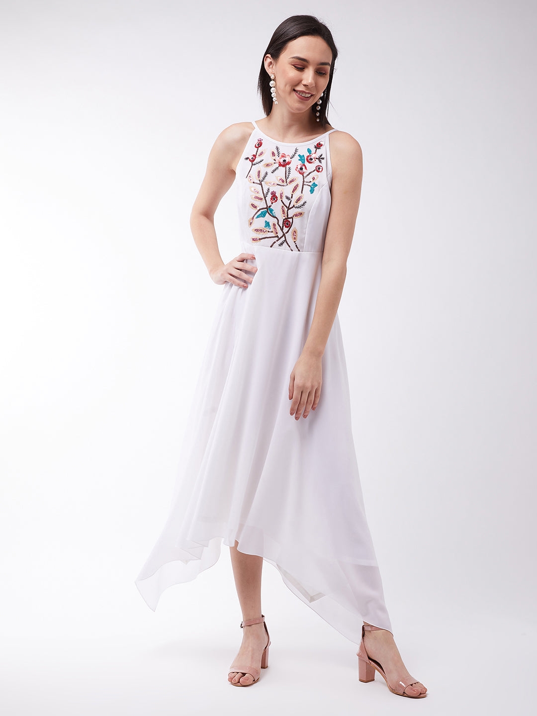 MISS CHASE | Off White Halter Neck Sleeveless Solid Embellished Maxi Dress