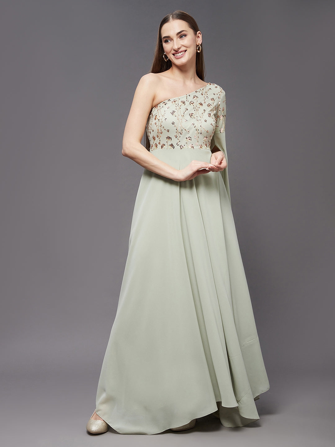 MISS CHASE | Dusty Green And Golden Solid Embellished Asymmetric Maxi Dress