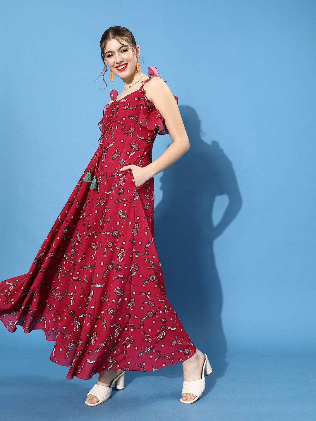 MISS CHASE | Multicolored-Base-Dark Pink Sweetheart Ruffled Floral Ruching Maxi Dress