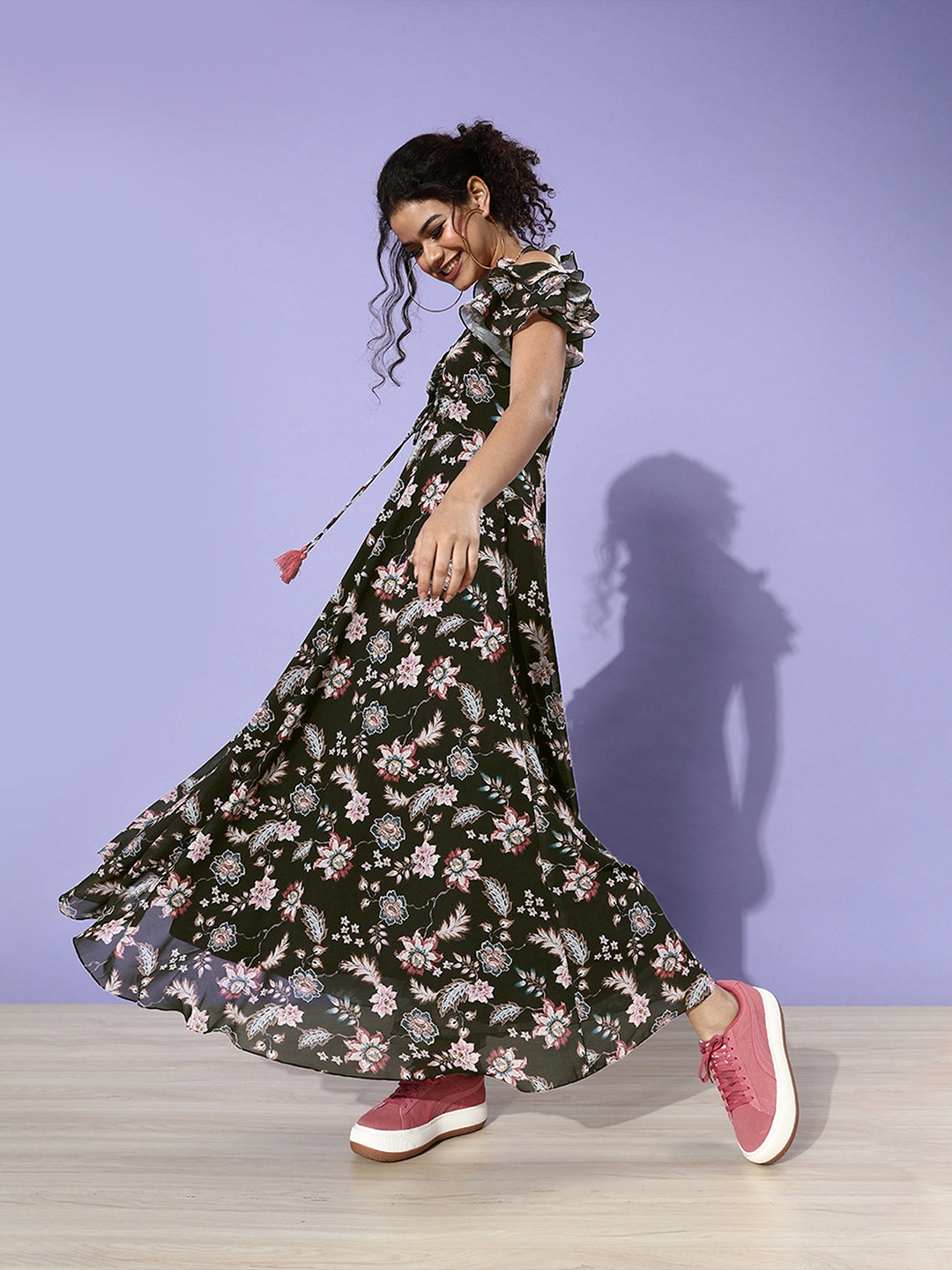 Multicolored-Base-Black Sweetheart Ruffled Floral Cut-Out Maxi Dress