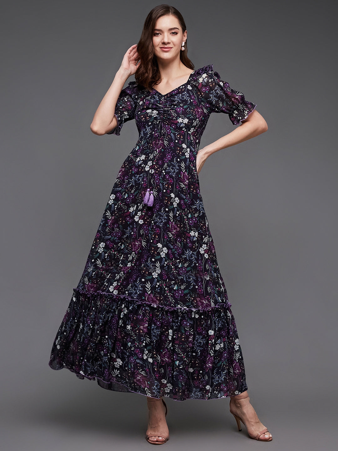MISS CHASE | Multicolored-Base-Black Sweetheart-Neck Puffed Sleeve Floral Ruching Georgette Maxi Dress