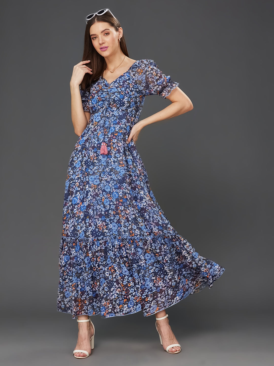 Multicolored-Base-Navy Blue V-Neck Puff Sleeve Floral Ruching Ankle-Length Dress