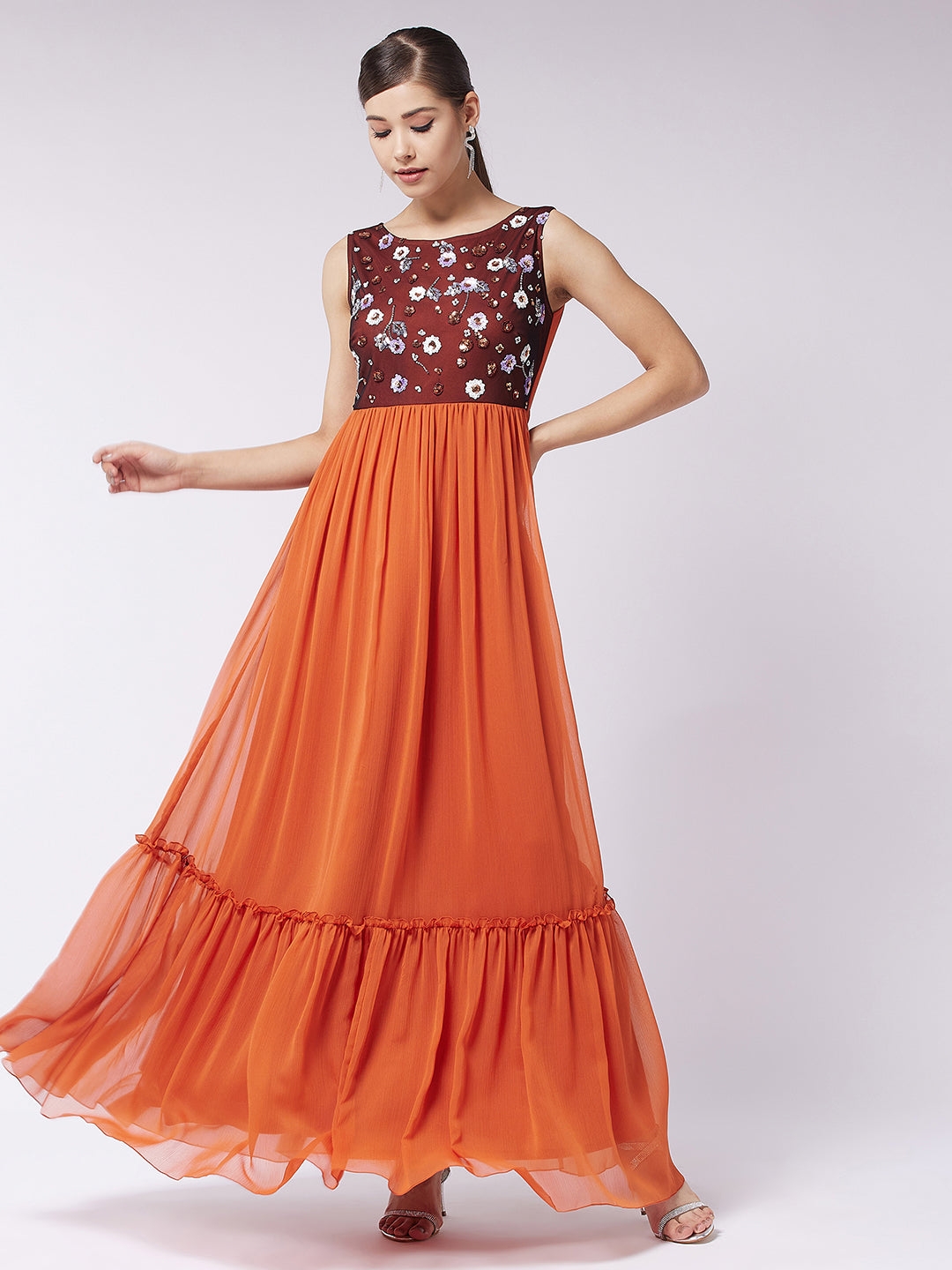 Rust Round Neck Sleeveless Solid Embroidered Maxi Dress