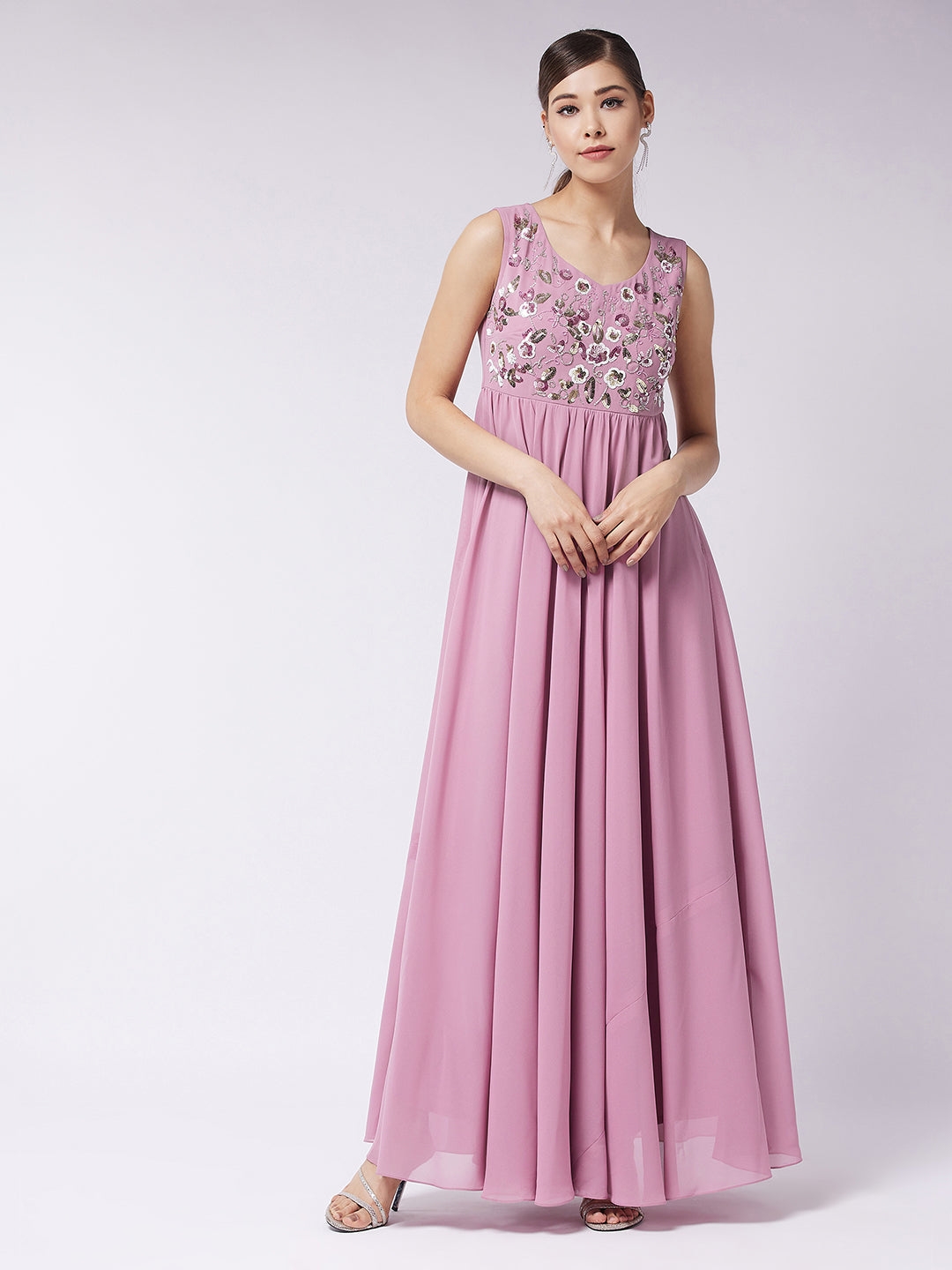 Dusty Lavender Round Neck Sleeveless Solid Embroidered Maxi Dress
