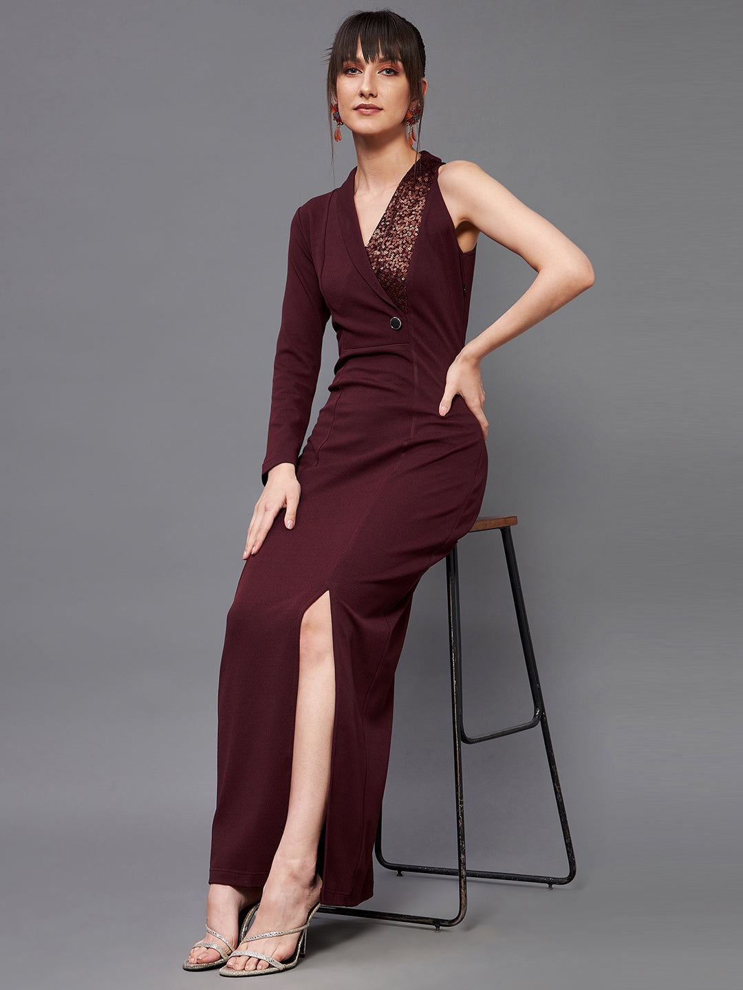 MISS CHASE | Wine V Neck Asymmetric Sleeve Embellished Blazer Maxi Dress