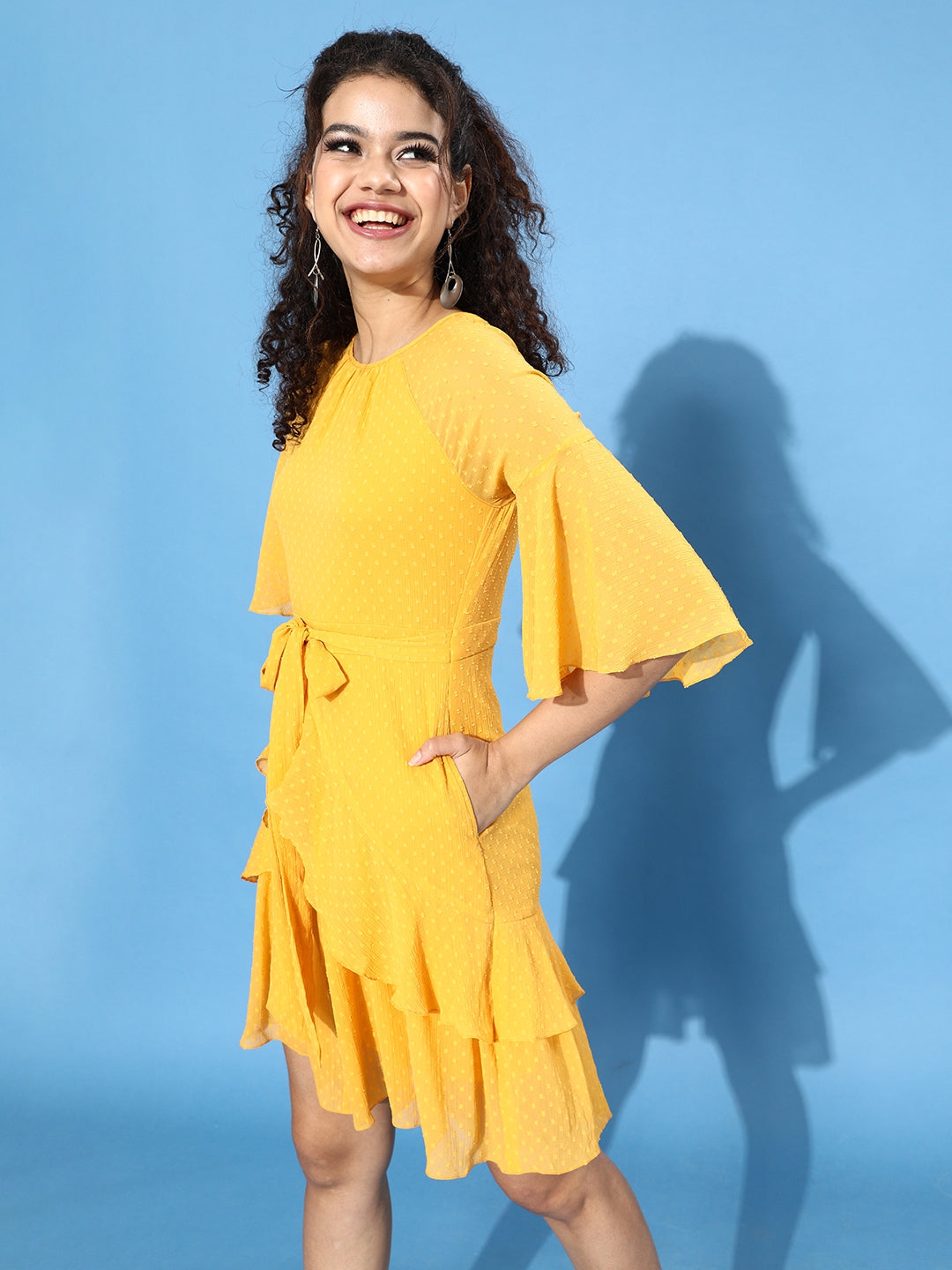 MISS CHASE | Mustard-Yellow Round Neck Ruffled Sleeve Solid Ruffled Midi Dress