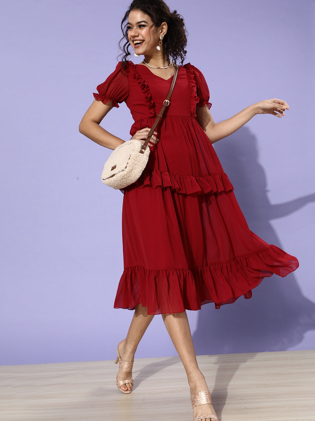 Maroon V-Neck Puff Sleeve Solid Tiered Ankle-Length Dress