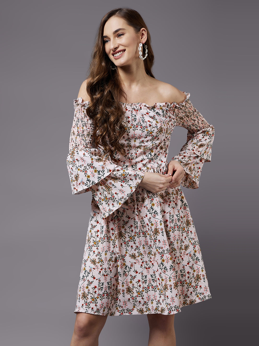 MISS CHASE | Multicolored-Base-Peach Off-Shoulder 3/4 Sleeve Floral Bardot MiniDress
