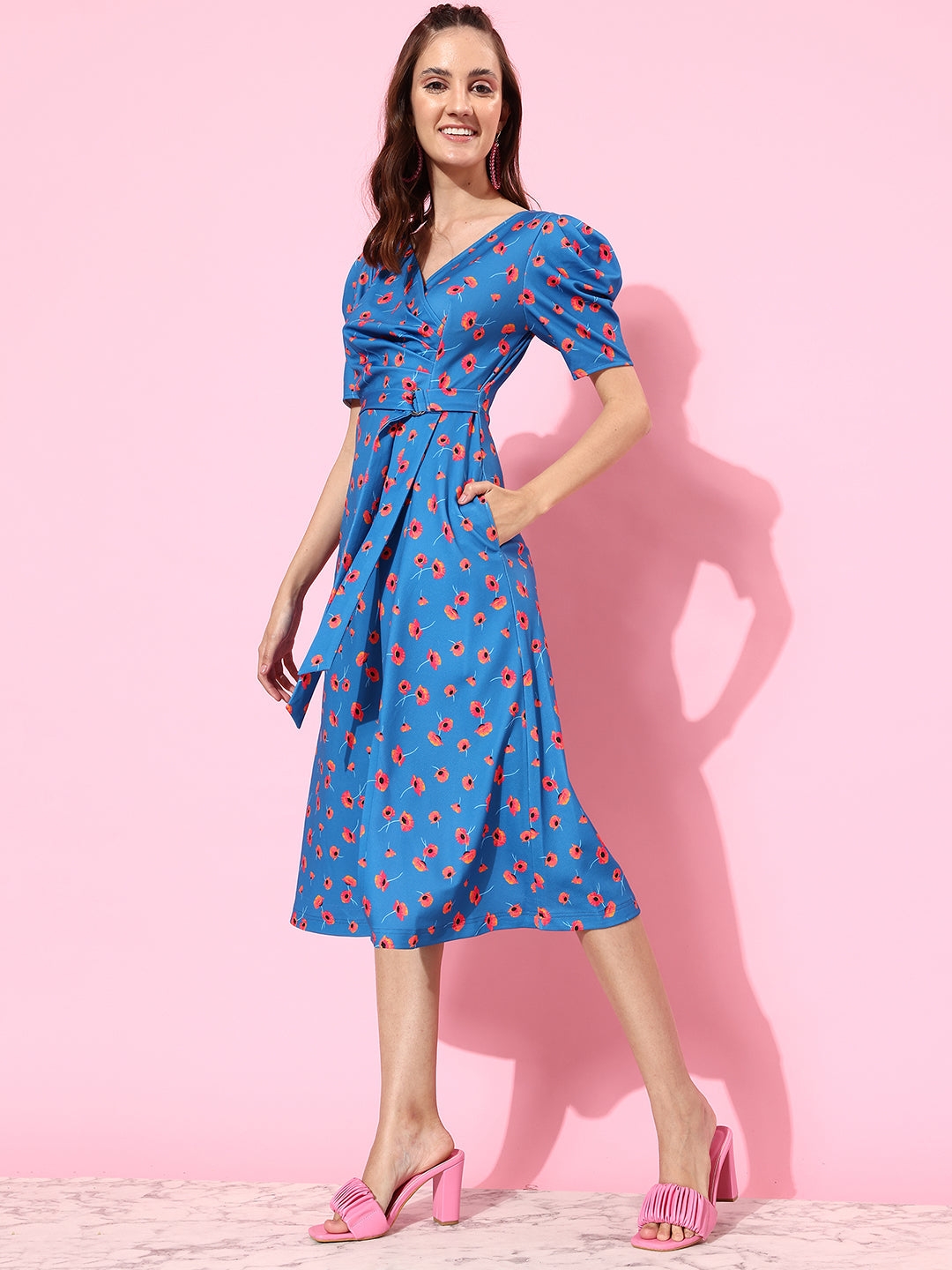 Women's Blue Polyester Casualwear Fit & Flare Dress