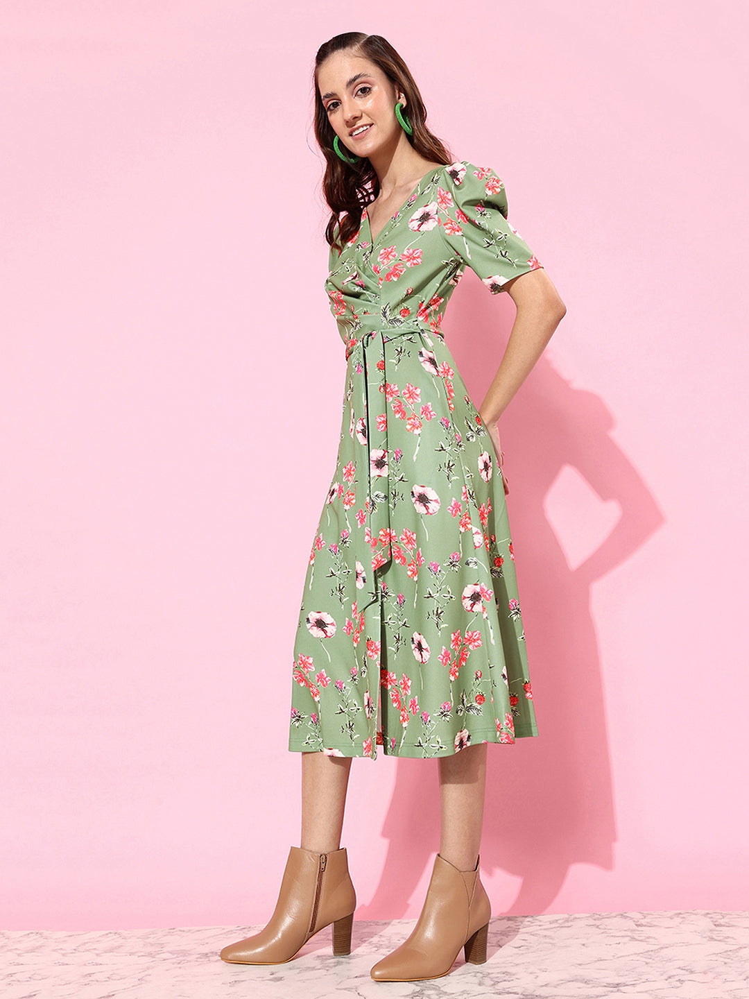 Multicolored-Base-Green V-Neck Pleated Puff Sleeve Floral Patterned Wrap Midi Polyester Dress