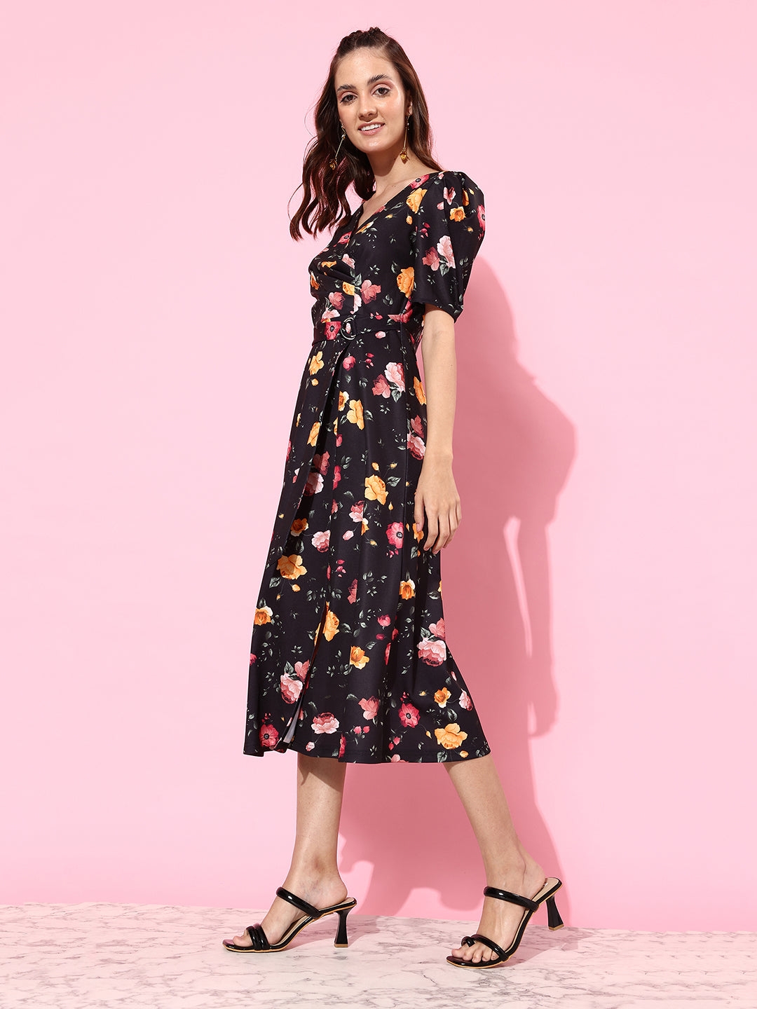 Multicolored-Base-Black V-Neck Pleated Puff Sleeve Floral Patterned Wrap Midi Polyester Dress