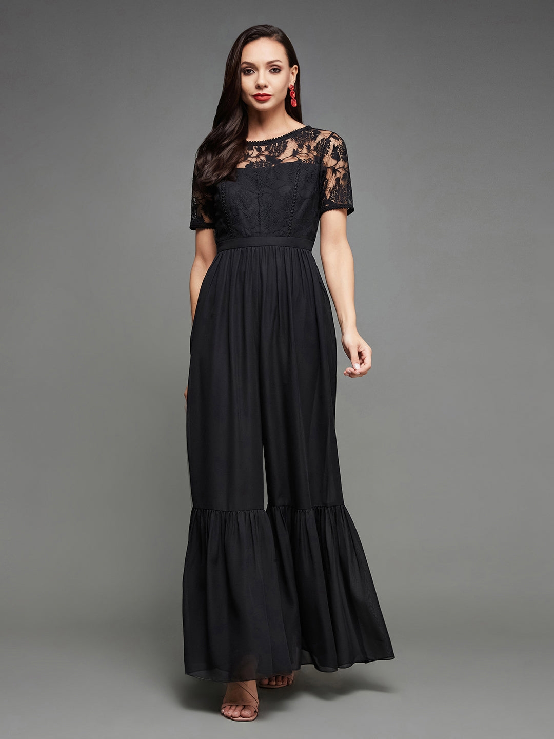 MISS CHASE | Black Round Neck Short Sleeve Solid Lace Overlaid Regular Jumpsuit