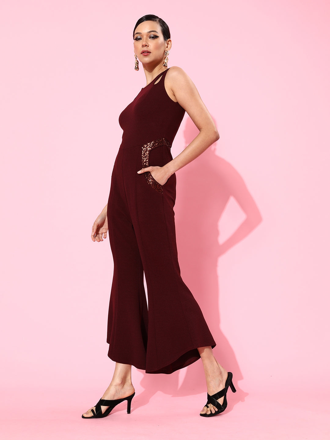 MISS CHASE | Wine Solid Slim Fit Round Neck Sleeveless Regular Length Bell Bottom Jumpsuit