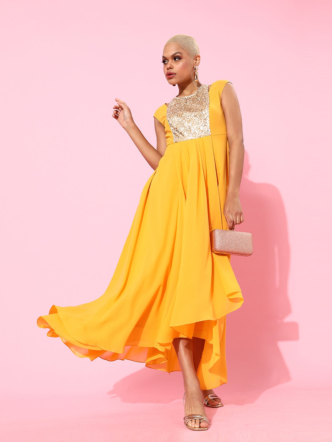 MISS CHASE | Mustard Round neck Cap Sleeve Solid Embellished Maxi Dress
