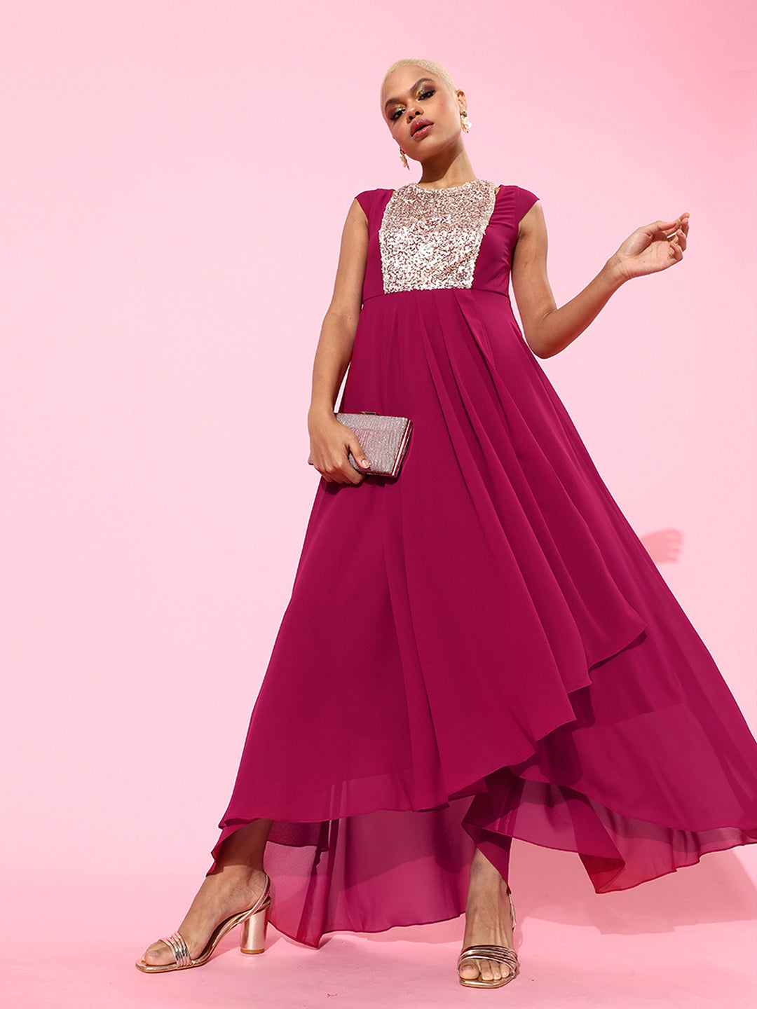 MISS CHASE | Dark Pink Round neck Cap Sleeve Solid Embellished Maxi Dress