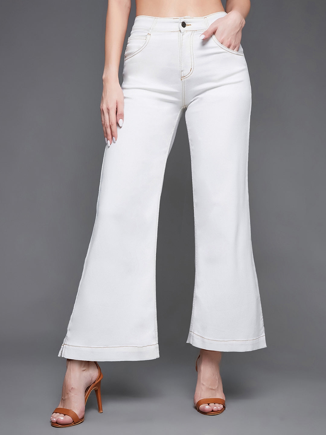 White Flared Mid Rise Clean Look Ankle length Stretchable Denim Jeans