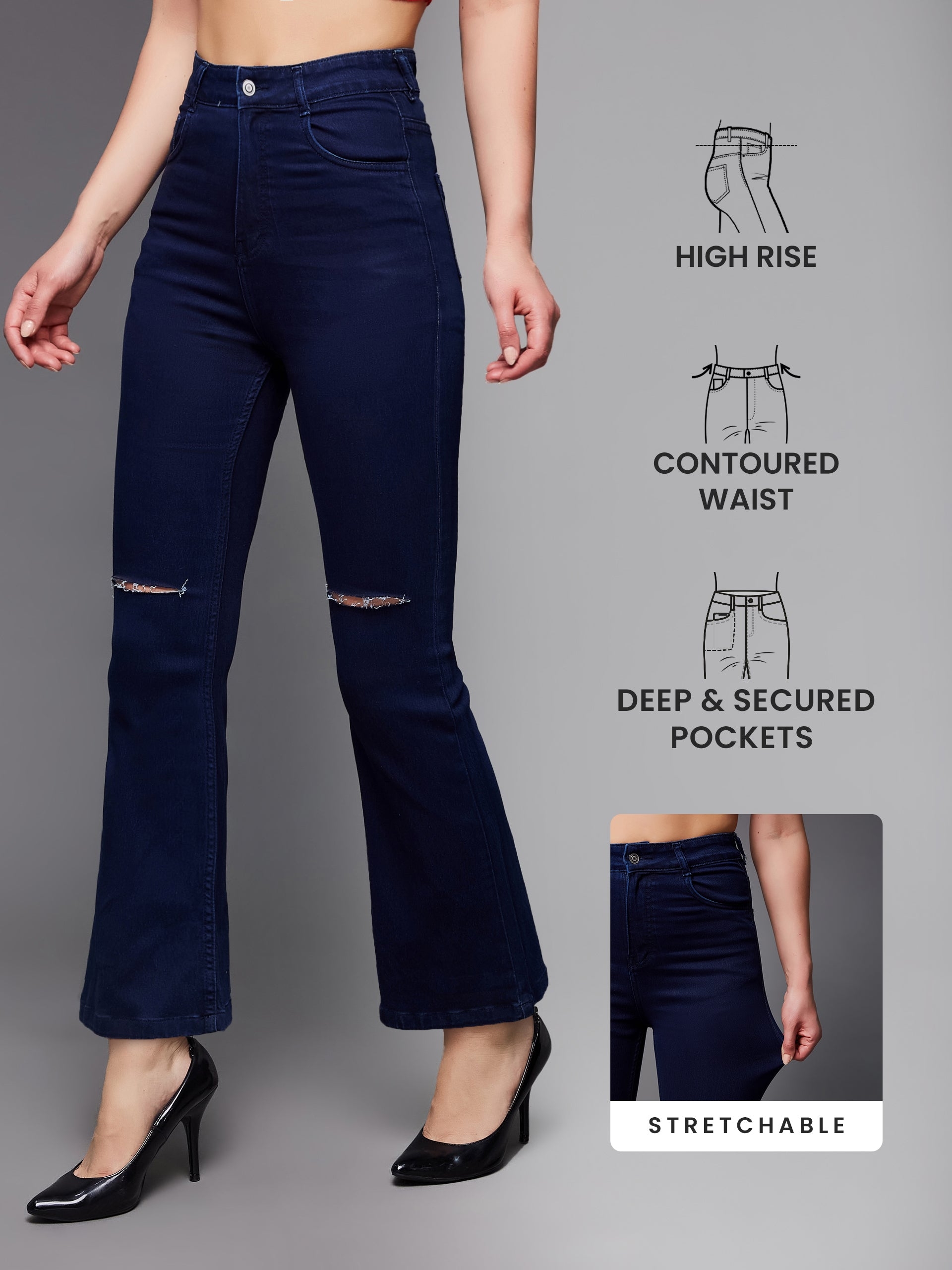 MISS CHASE | Navy Blue Bootcut High Rise Clean Look Regular Stretchable Denim Jeans