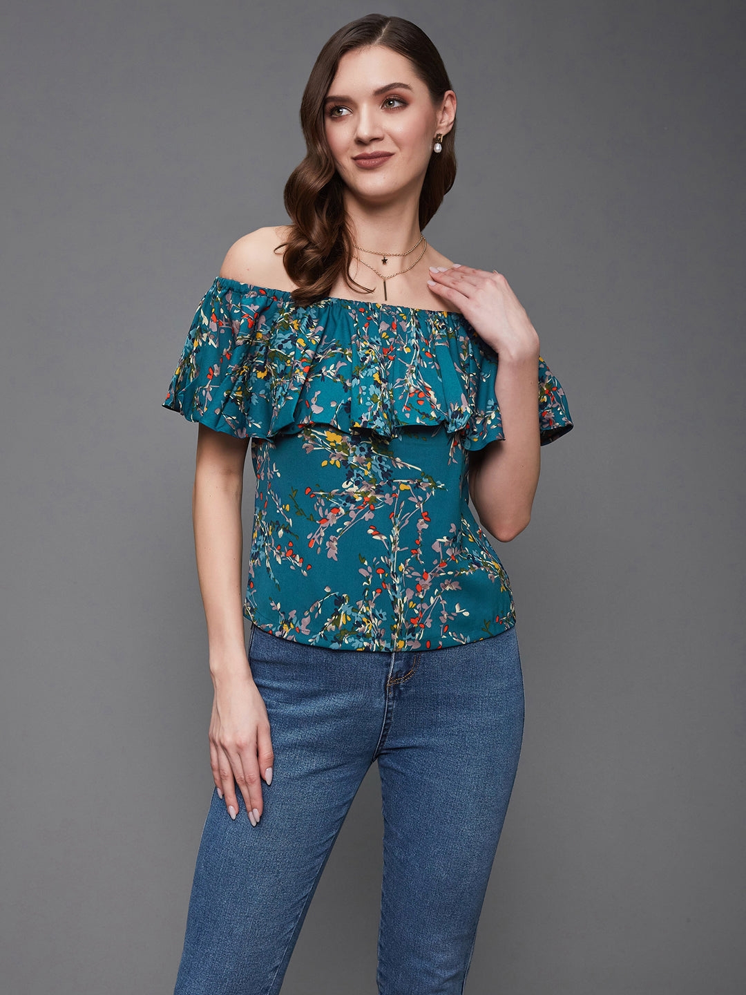 Multicolored-Base-Turquoise Off-Shoulder Sleeveless Floral Bardot Regular Top