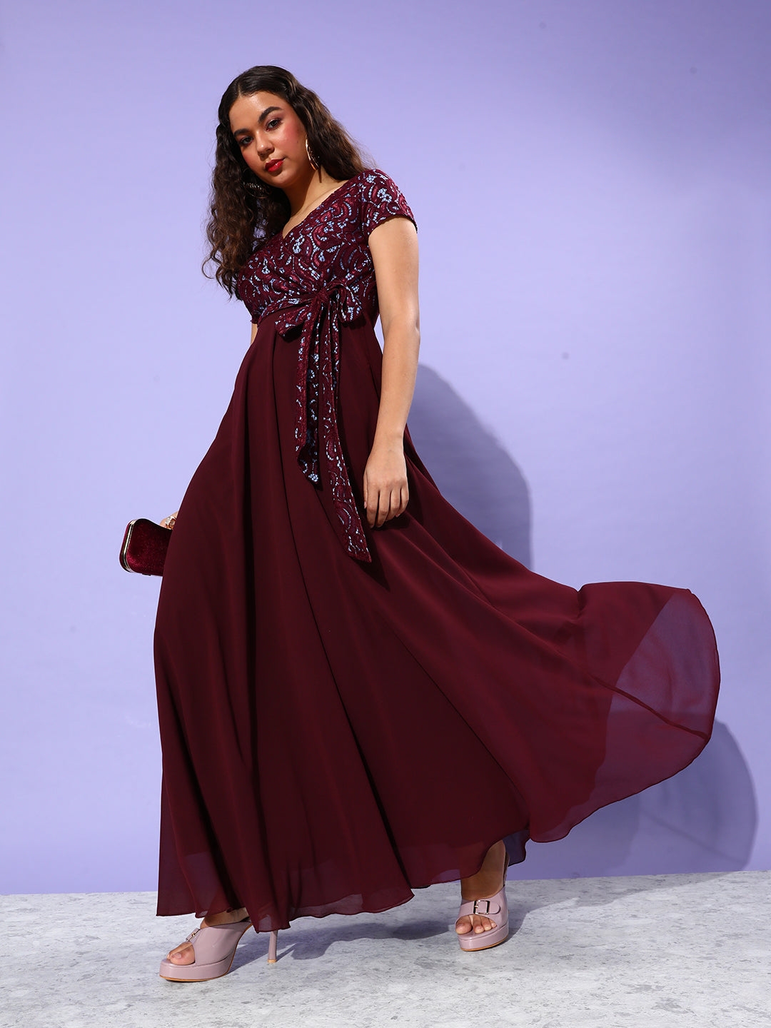 Wine Colored V-Neck Short Sleeve Self Designed Lace Overlaid Maxi Georgette Dress