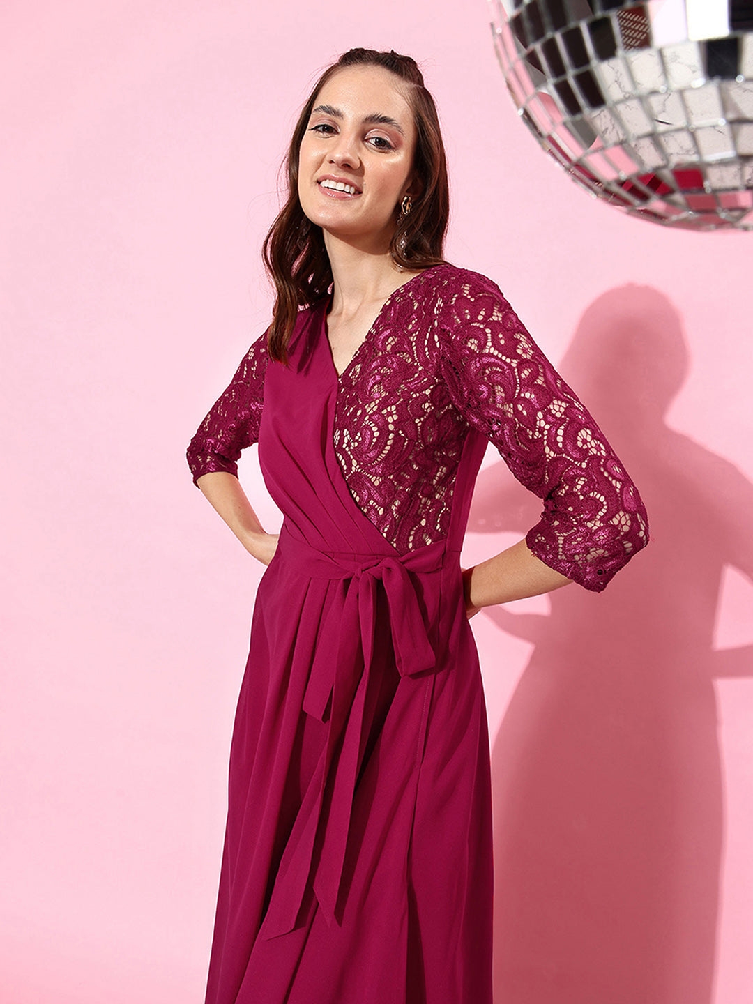 Dark Pink Colored V-Neck Three-Quarter Sleeve Self-Designed Wrap Maxi Georgette Dress