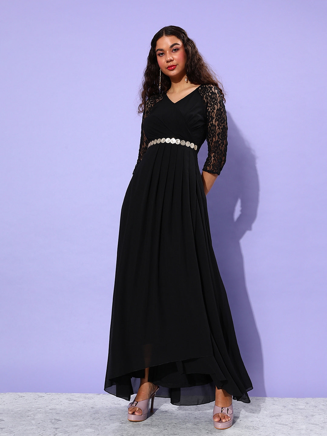 Women's Black Georgette SolidEveningwear Maxi Dress