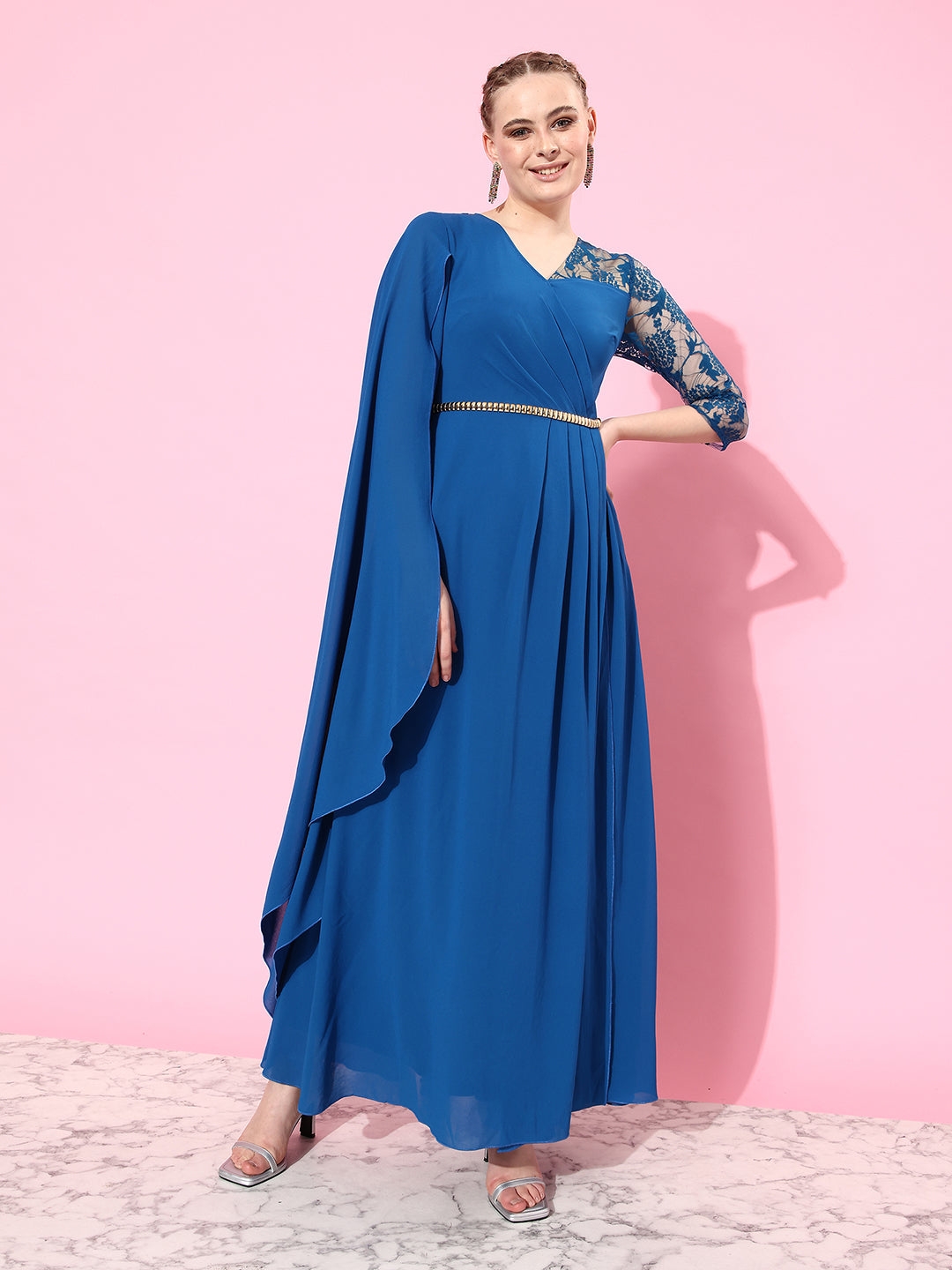 MISS CHASE | Royal Blue V-Neck Asymmetric Embellished Maxi Georgette Dress
