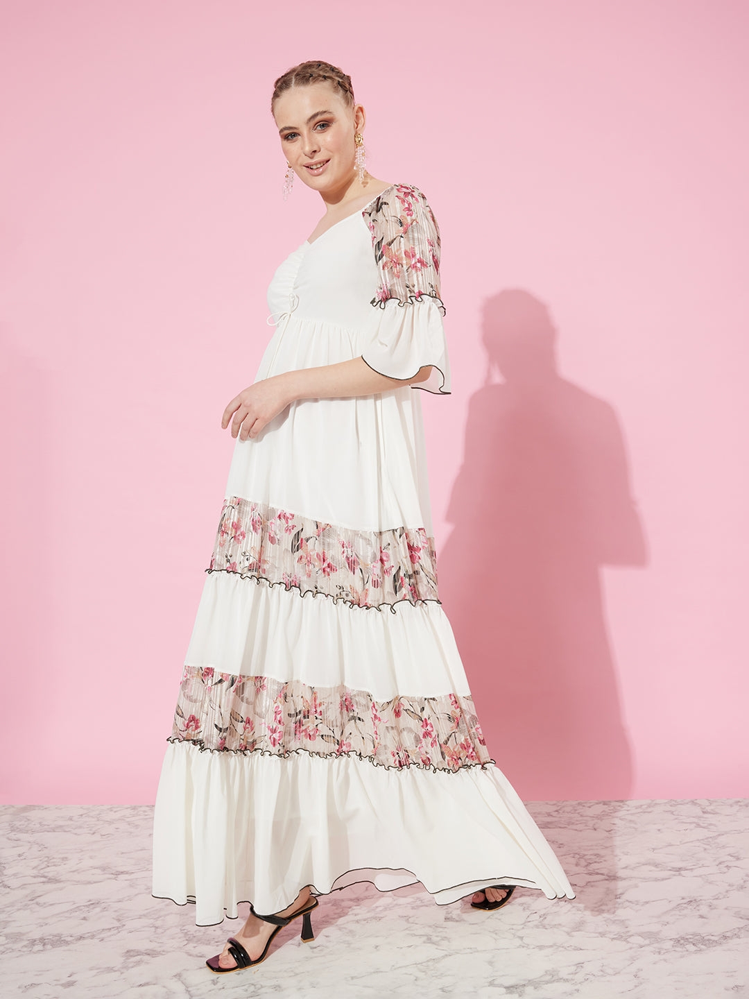 MISS CHASE | Women's White Georgette Casualwear Tiered Dress