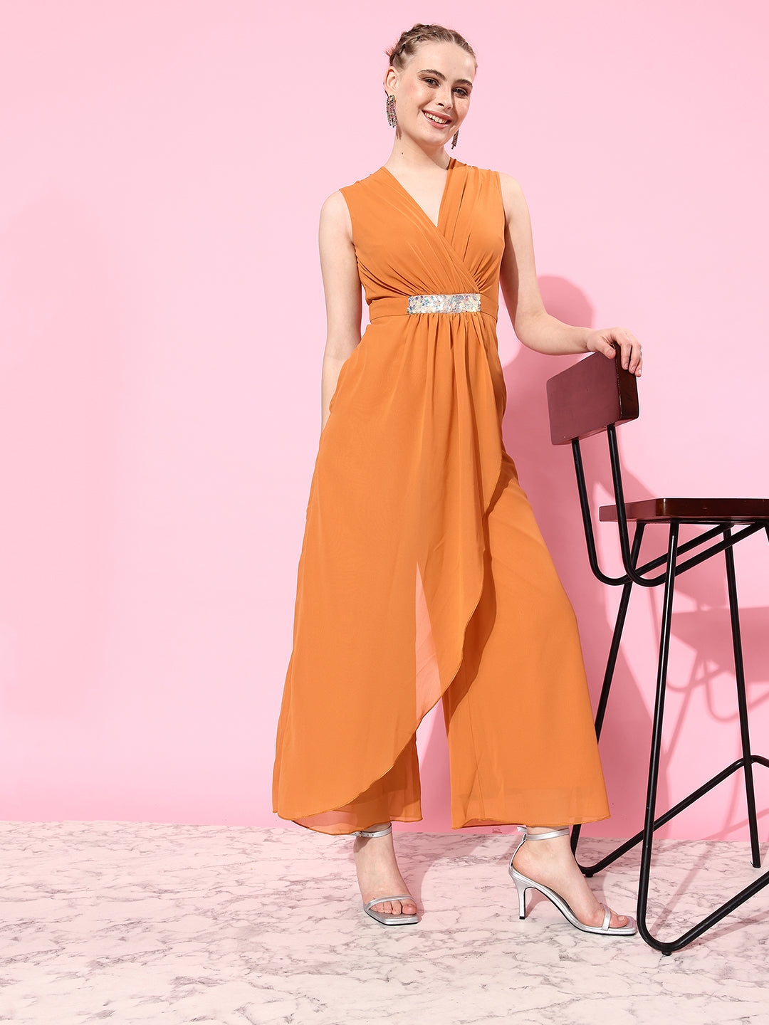 MISS CHASE | Dusty Orange Colored V-Neck Sleeveless Embellished Wrap Regular-Length Jumpsuit