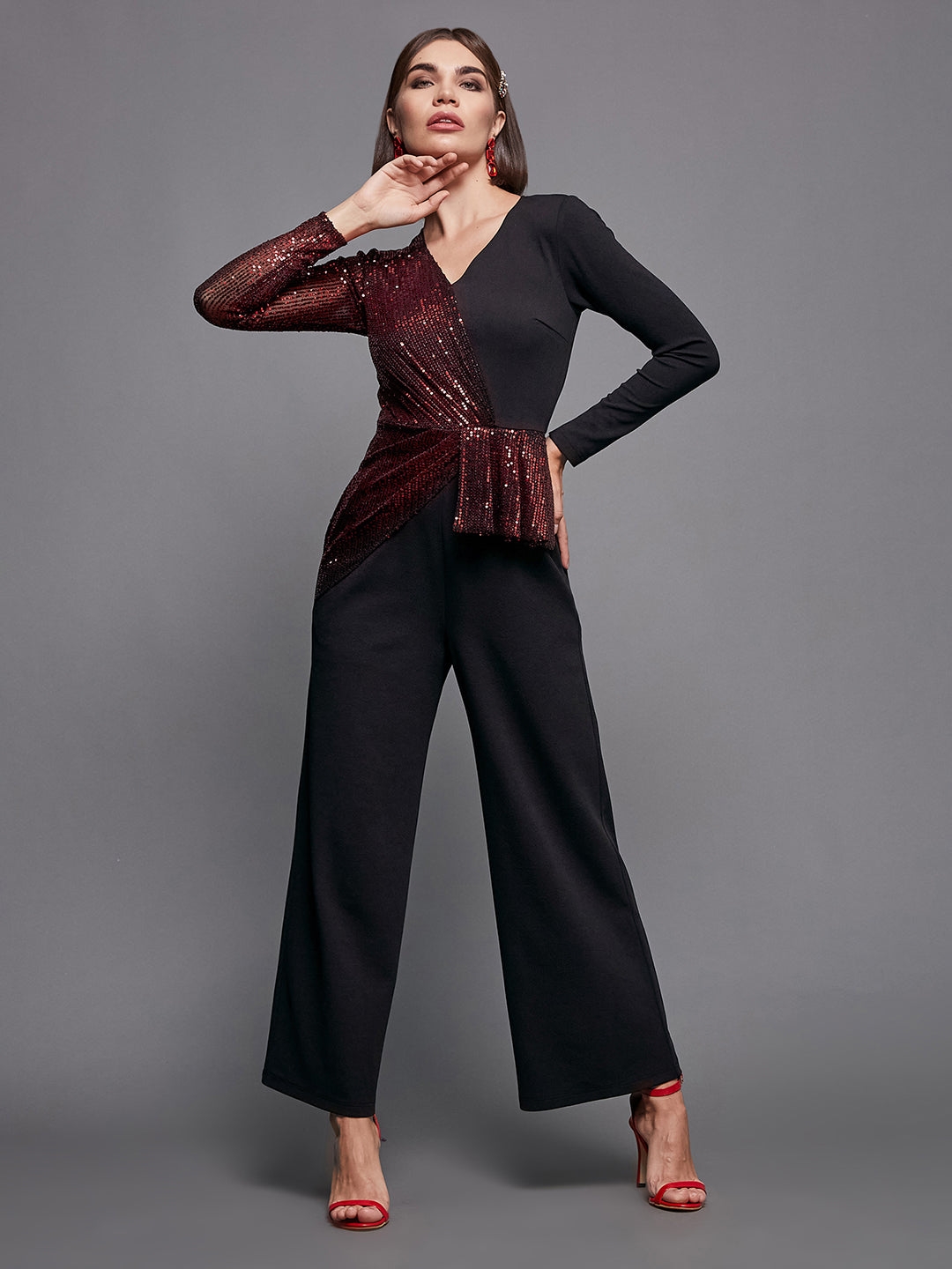 Black & Red V-Neck Full Sleeve Embellished Asymmetric Regular-Length Polyester Jumpsuit