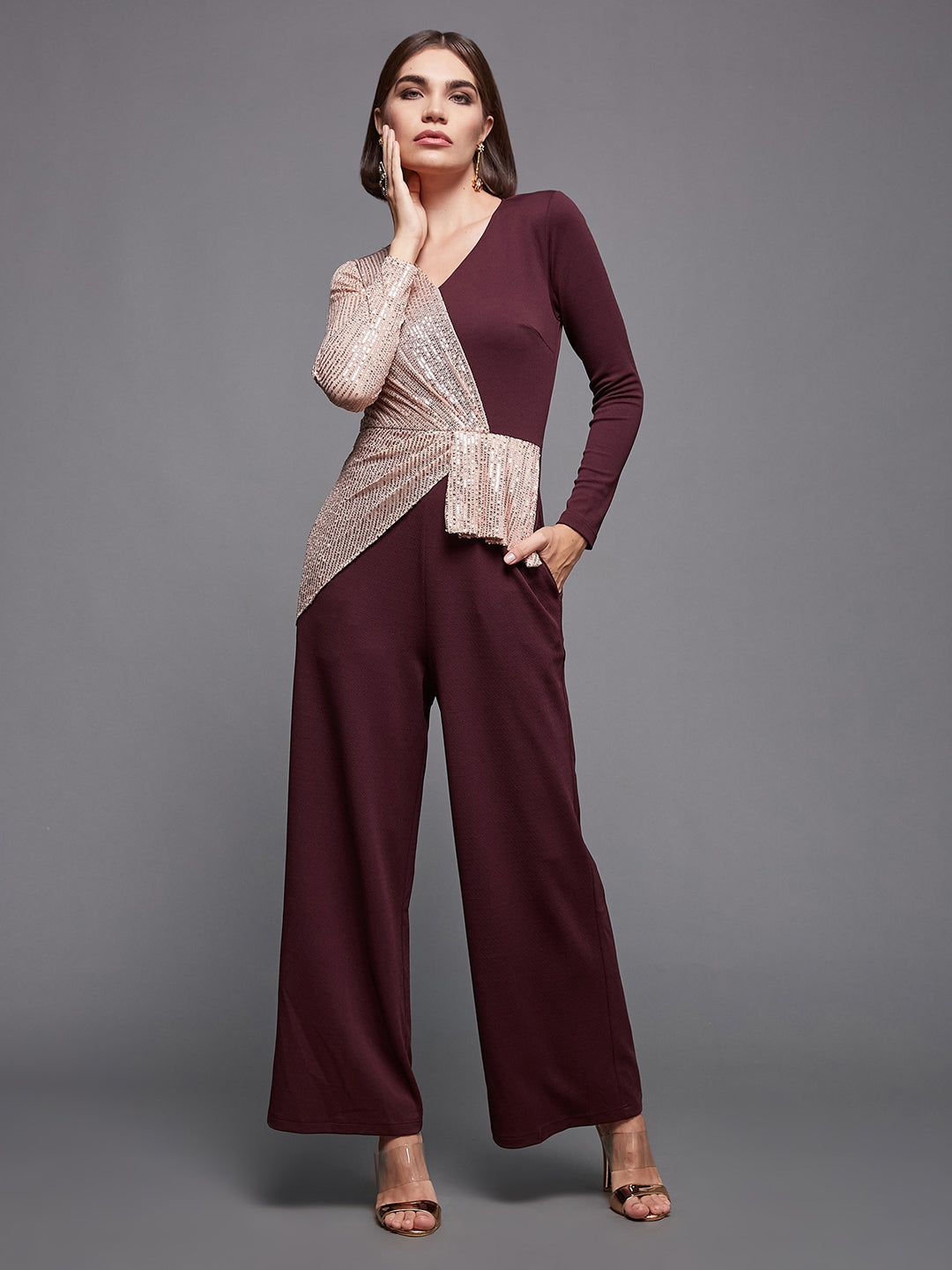 Wine & Beige V-Neck Full Sleeve Embellished Asymmetric Regular-Length Polyester Jumpsuit