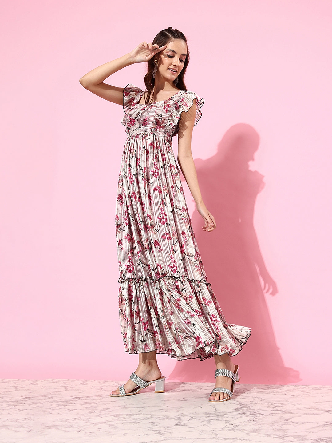 MISS CHASE | Women's Pink Georgette Casualwear Tiered Dress