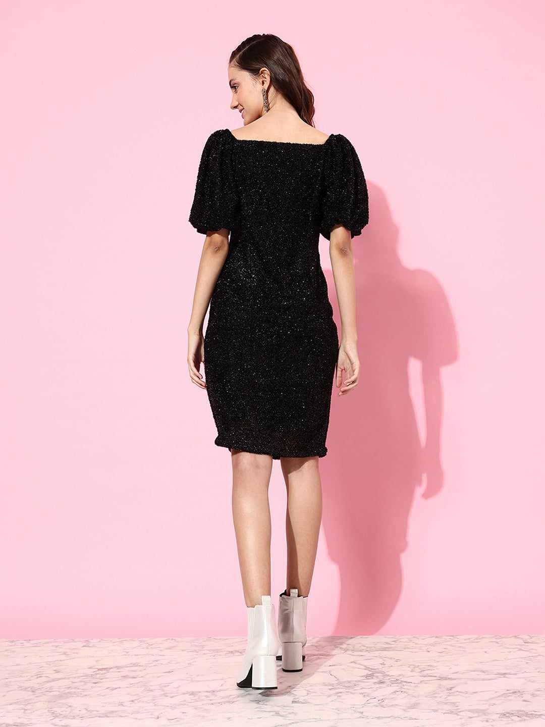 Women's Black Polyester EmbellishedEveningwear Shift Dress
