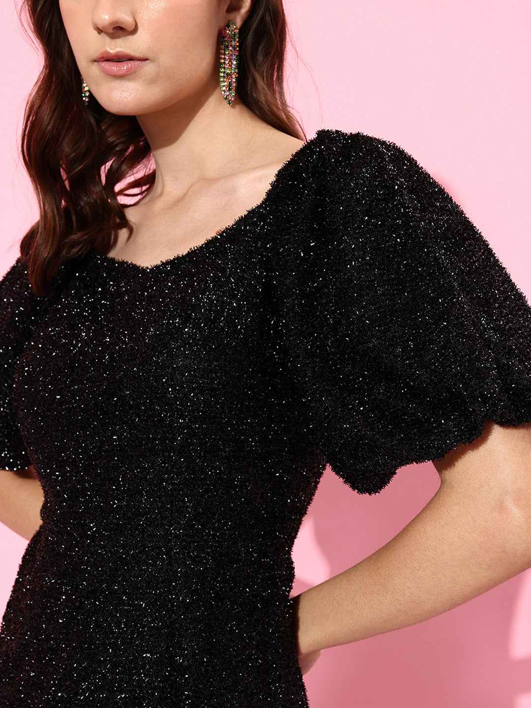 Women's Black Polyester EmbellishedEveningwear Shift Dress