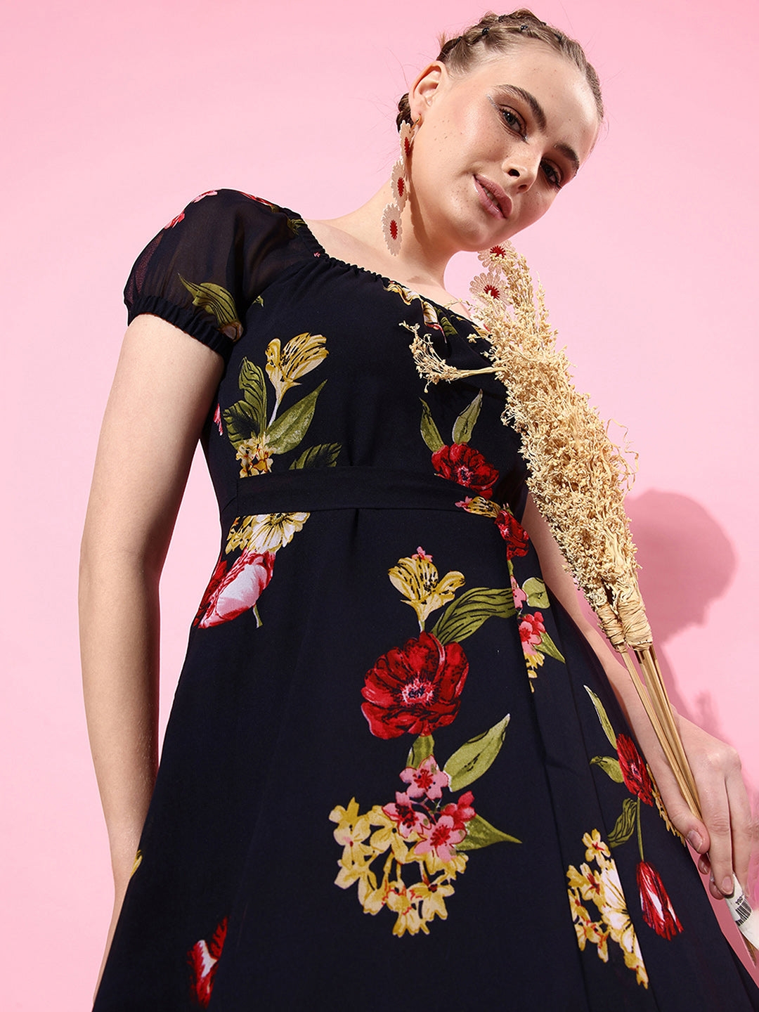 MISS CHASE | Multicolored Base-Navy Blue Square Neck Short Puff Sleeve Floral Fit & Flare Georgette Midi Dress
